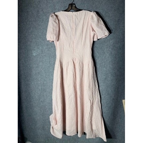Henly Pink White Seersucker Stripe Lace Up V Neck Puff Sleeve Midi Dress Pockets — image 6 of 7